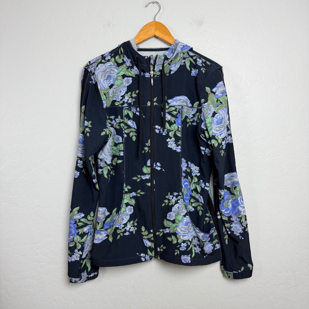 Albion Fit Navy Blue Floral Hooded Zip Up Jacket Women's XL